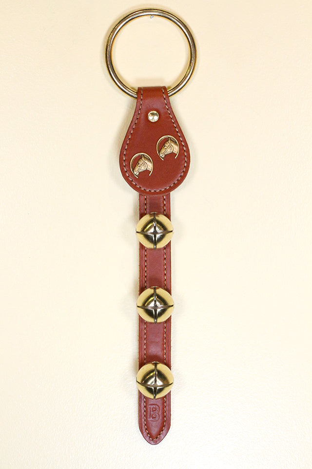 HORSE HEADS inside HORSESHOES CHARMS above 3 Bells on Leather Strap