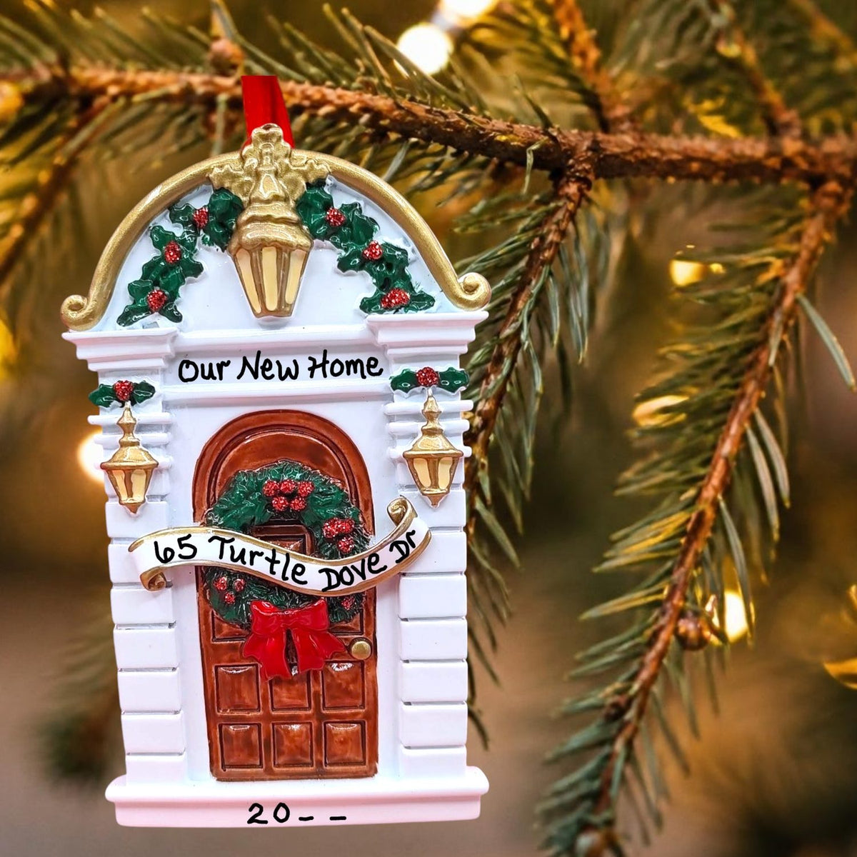 Brown Door with Holly Trim Ornament