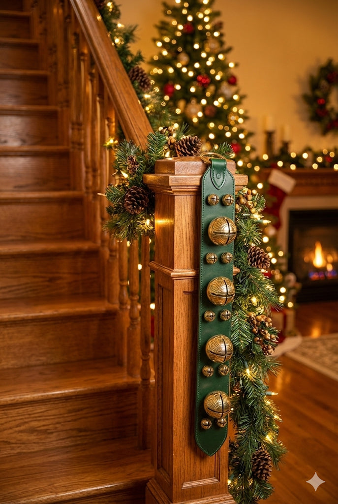 4 # 15 and 10 #1 Solid Brass Belsnickel Bells - Large 2-Ply Leather "Banister" Strap