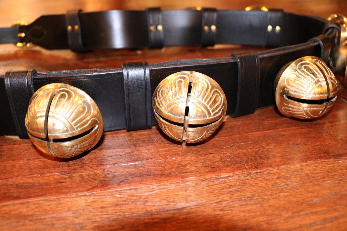 12 of #15 (Largest) Solid Brass Belsnickel Bells - 2-ply Strap - Buckle