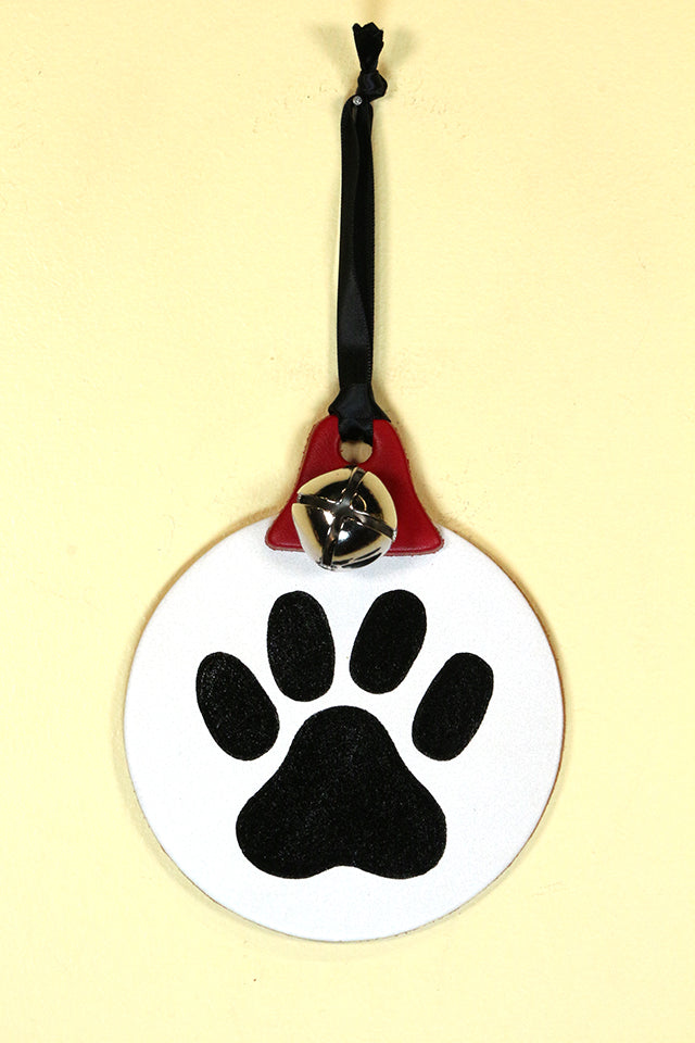 PAW PRINT - Large Hand-Painted Leather Ornament - Small Bell - BLACK