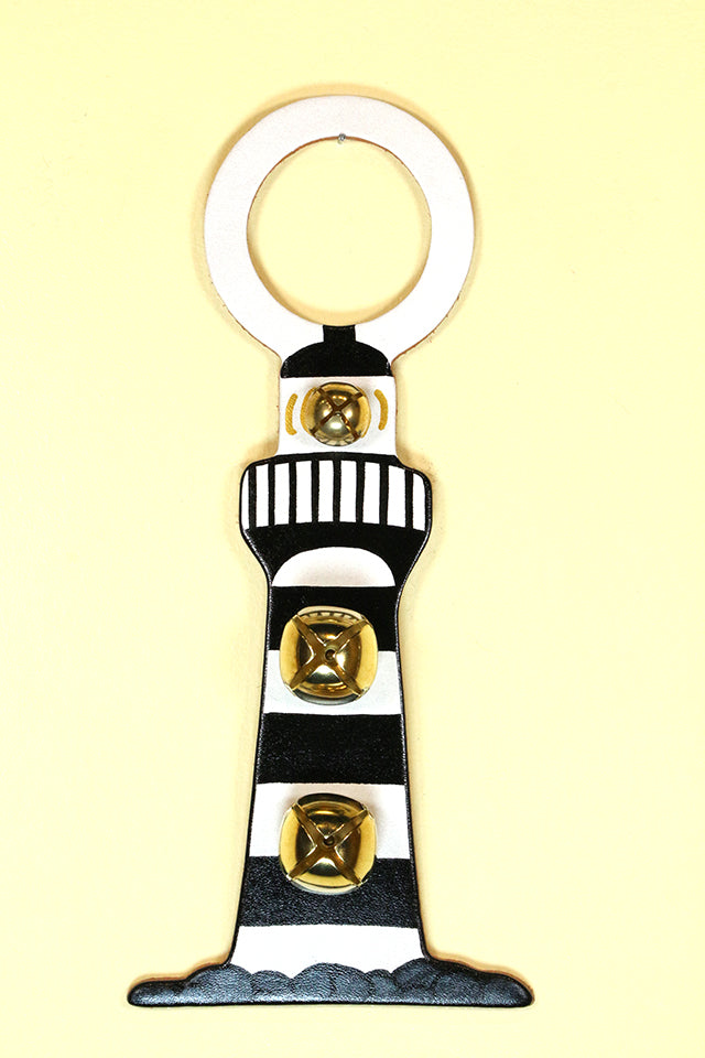 LIGHTHOUSE Hand-Painted LEATHER Doorknob Bell - BLACK HORIZONTAL STRIPES