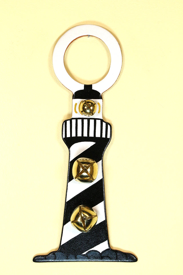 LIGHTHOUSE Hand-Painted LEATHER Doorknob Bell - BLACK DIAGONAL STRIPES