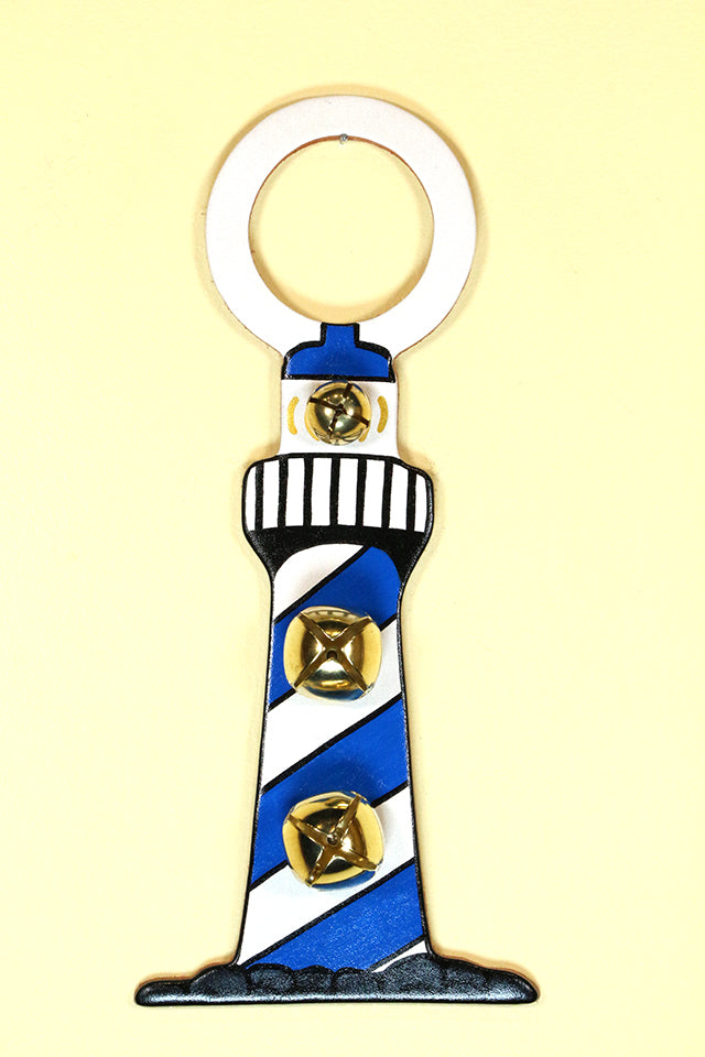 LIGHTHOUSE Hand-Painted LEATHER Doorknob Bell - BLUE DIAGONAL STRIPES