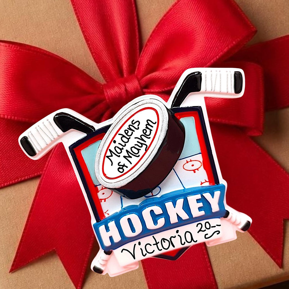 Ice Hockey Ornament - Puck / Sticks/ Word