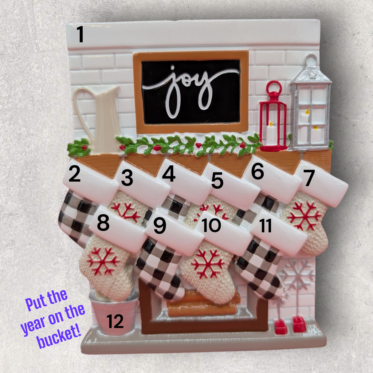 10 STOCKINGS on "JOY" MANTEL Ornament