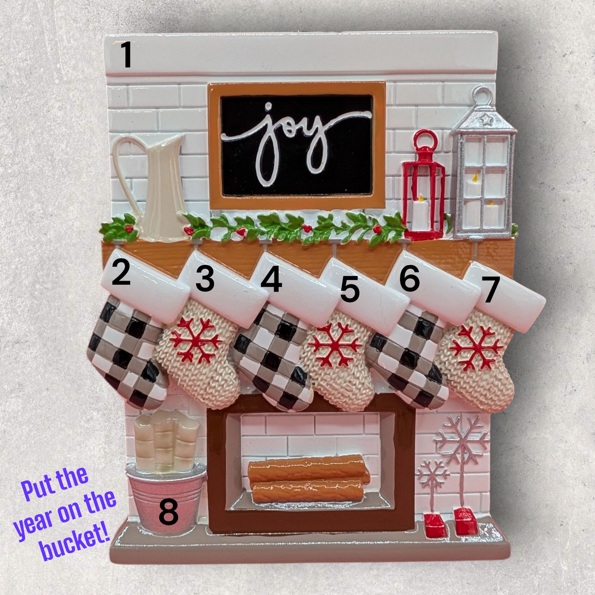 6 STOCKINGS on "JOY" MANTEL Ornament