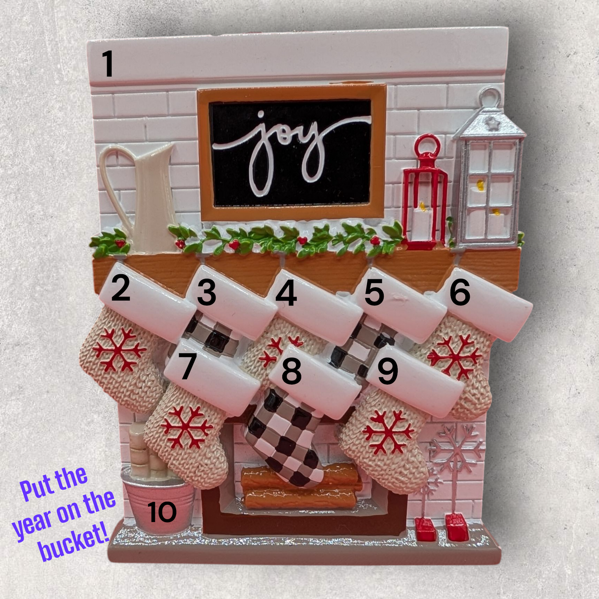8 STOCKINGS on "JOY" MANTEL Ornament
