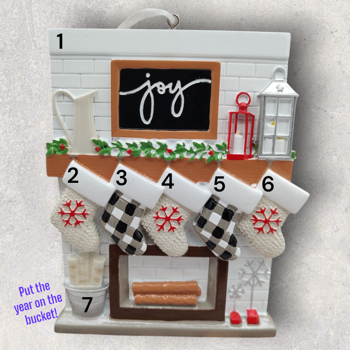 5 STOCKINGS on "JOY" MANTEL Ornament