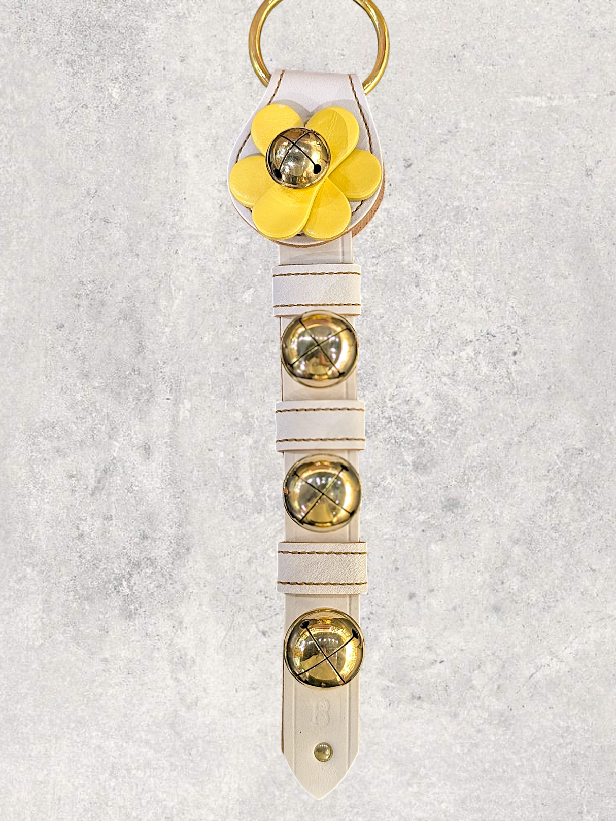 LEATHER FLOWER DOOR HANGER - Yellow Flower with 3 Solid Brass Moyer Bells on White Leather Strap
