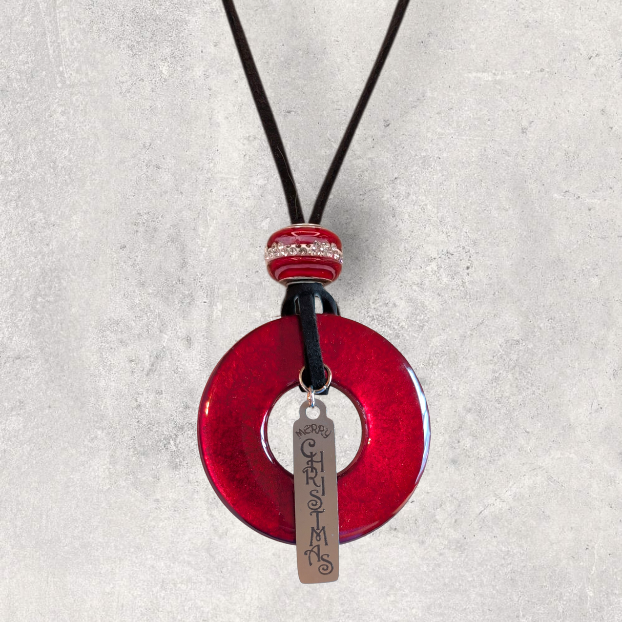 LOOPS JEWELRY - Large Red Necklace - "Merry Christmas" Charm & Special Bead