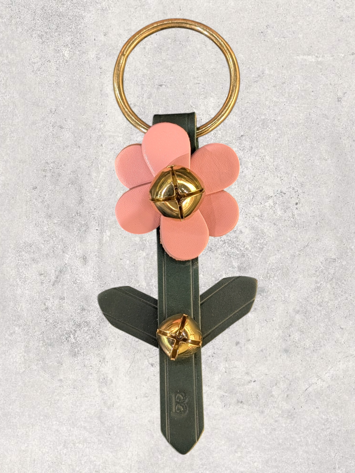 LEATHER FLOWER DOOR HANGER - 1 Pale Pink Bloom on Green Stem Strap with 2 Bells & Leaf Detail