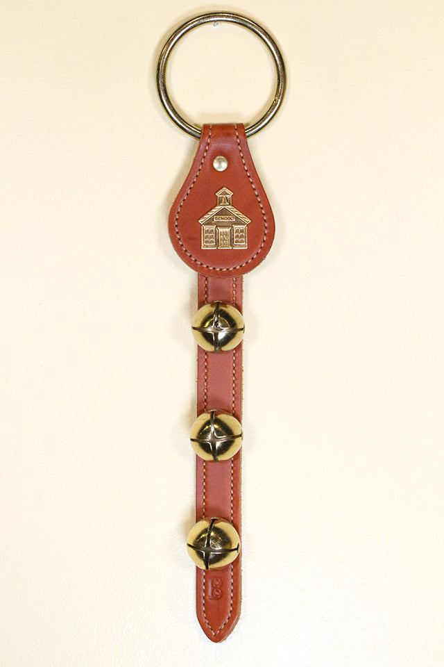 SCHOOLHOUSE CHARM above 3 Bells on Leather Strap