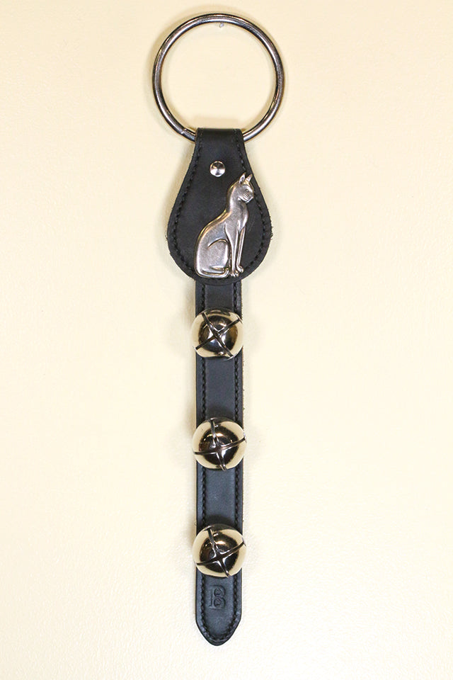CAT (SITTING) CHARM above 3 Bells on Leather Strap