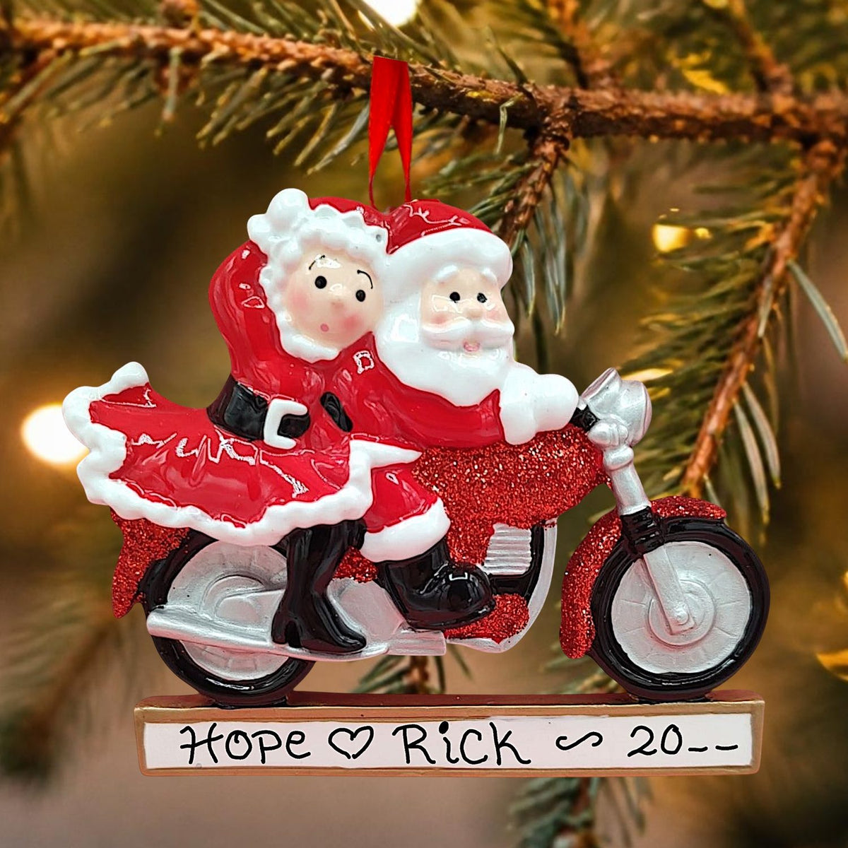 Motorcycling Santa Couple Ornament