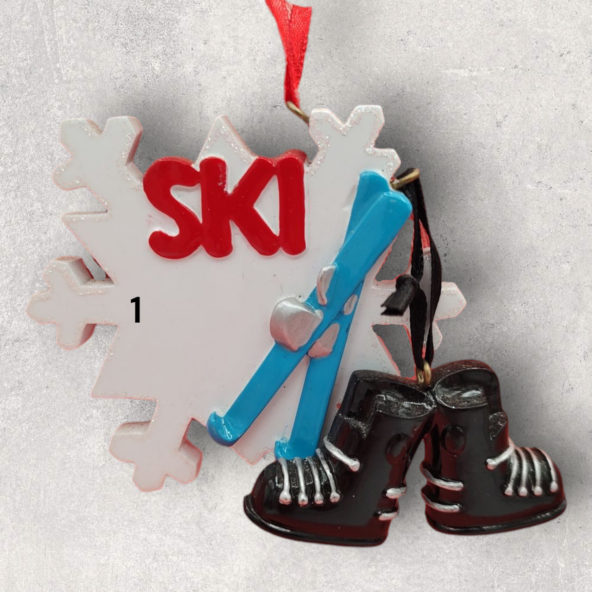 SKIING Ornament - BOOTS & SKIS on a SNOWFLAKE