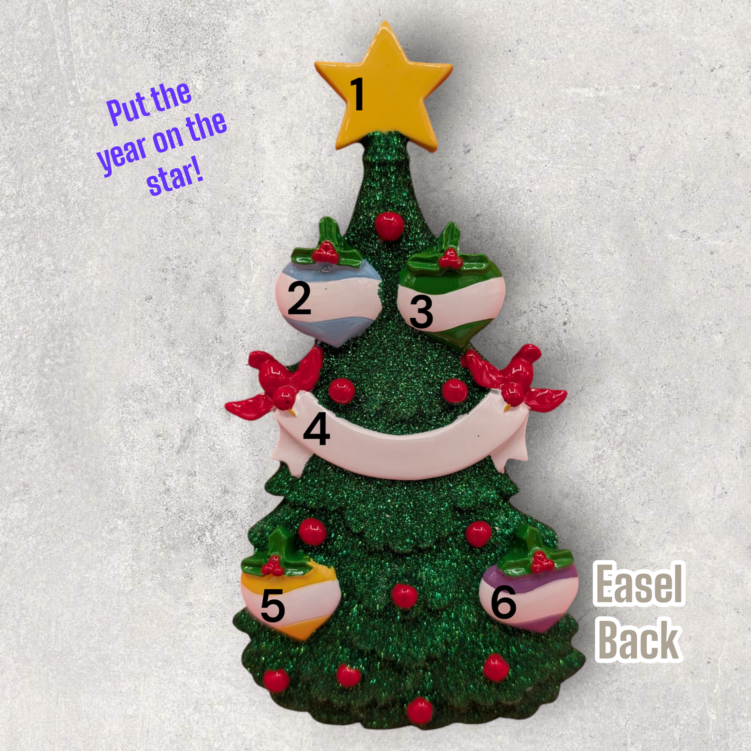4 ORNAMENTS on GLITTERY TREE TABLETOP DECORATION