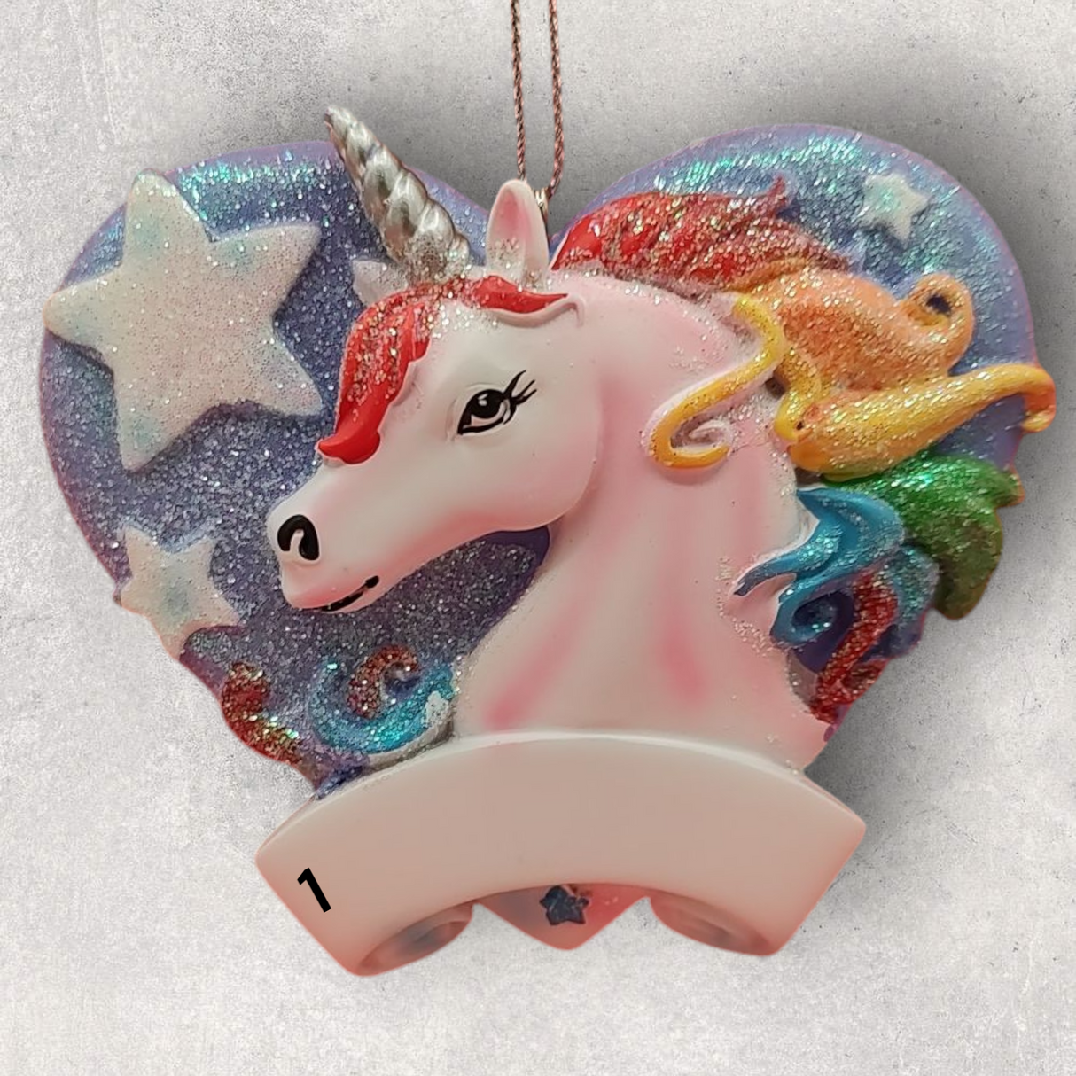 UNICORN with GLITTERY BLUE HEART & RAINBOW Ornament