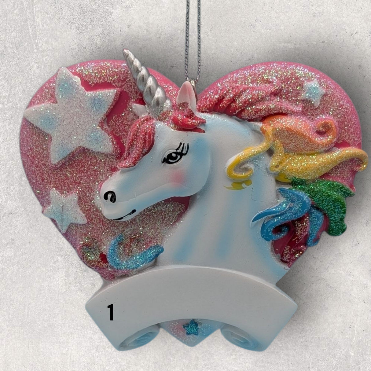 UNICORN with GLITTERY PINK HEART & RAINBOW Ornament
