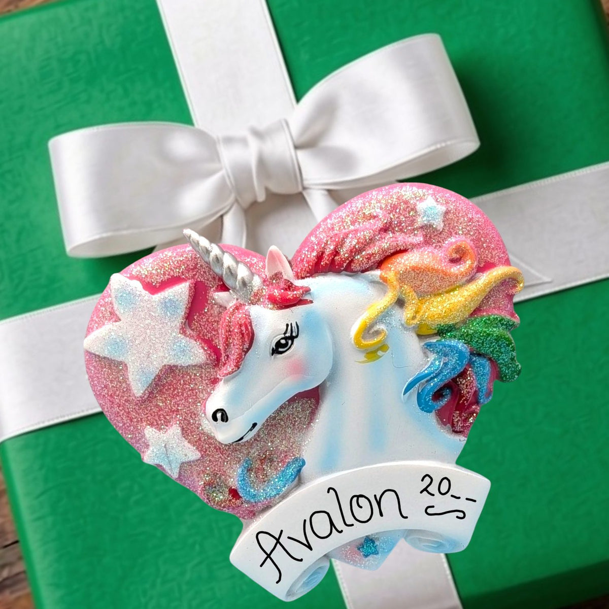 UNICORN with GLITTERY PINK HEART & RAINBOW Ornament
