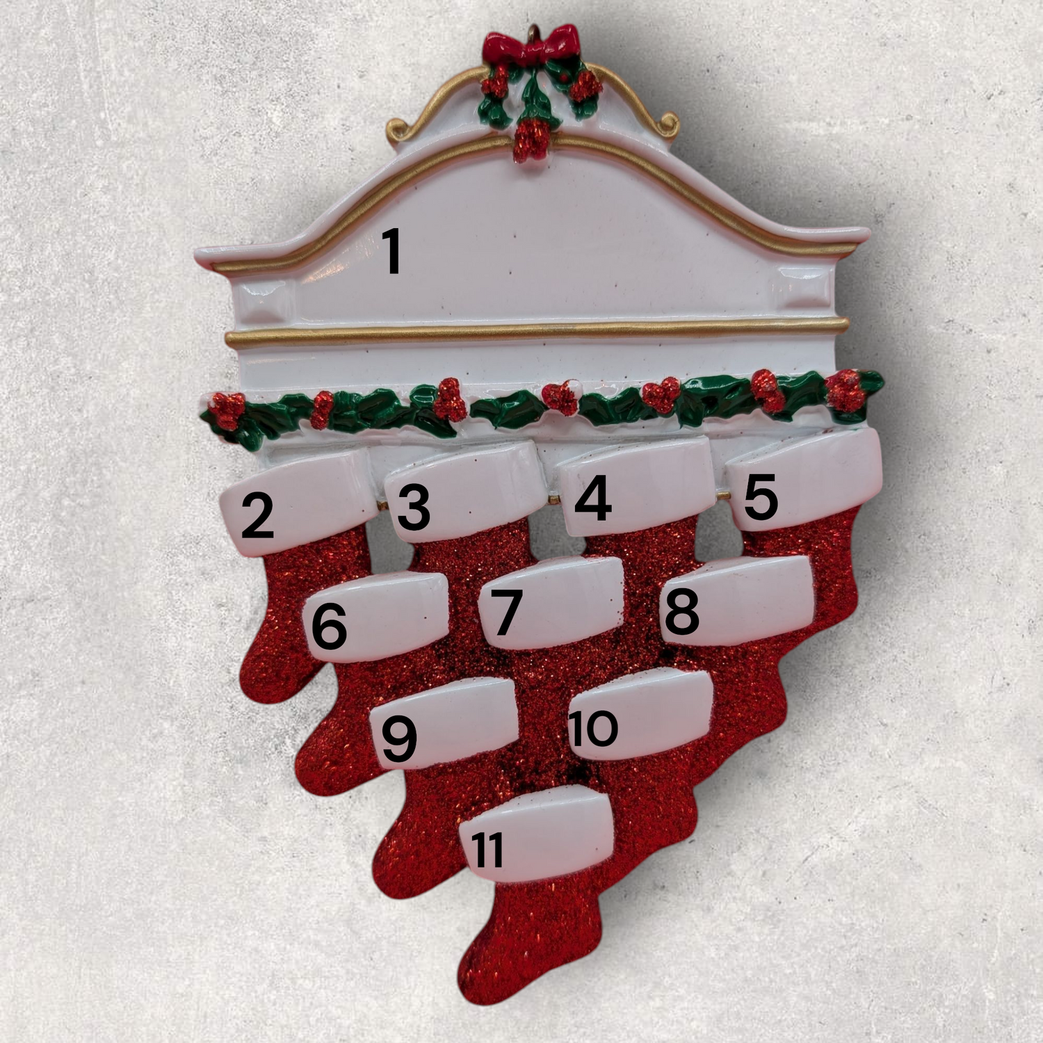 10 STOCKINGS on WHITE MANTEL Ornament