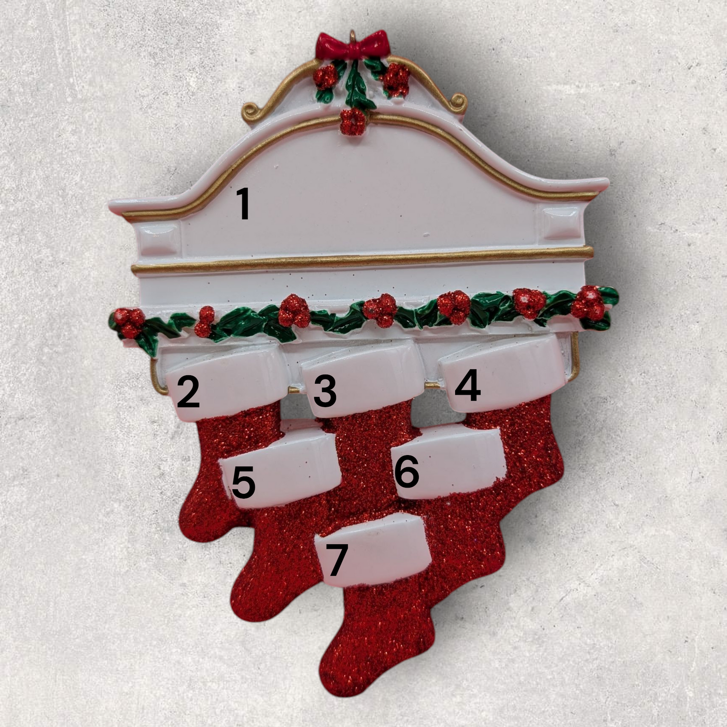 6 STOCKINGS on WHITE MANTEL Ornament