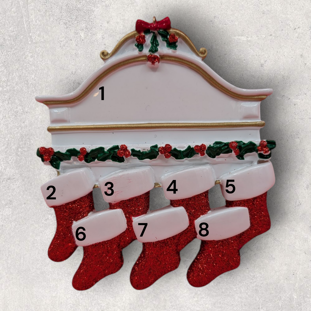 7 STOCKINGS on WHITE MANTEL Ornament