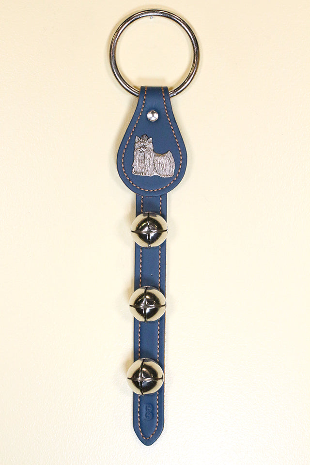 YORKIE CHARM above 3 Bells on Leather Strap
