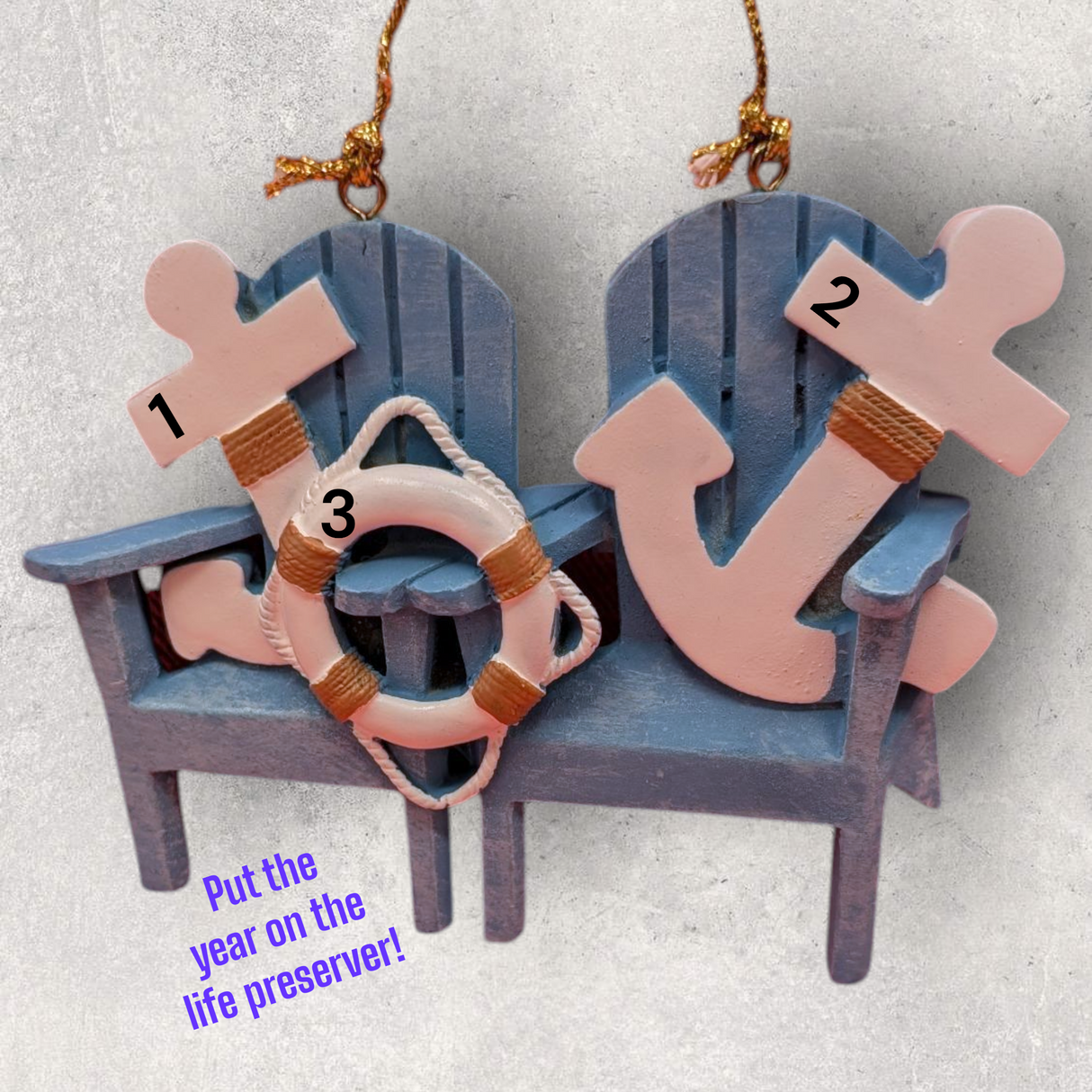 2 BLUE ADIRONDACK CHAIRS with ANCHORS Ornament