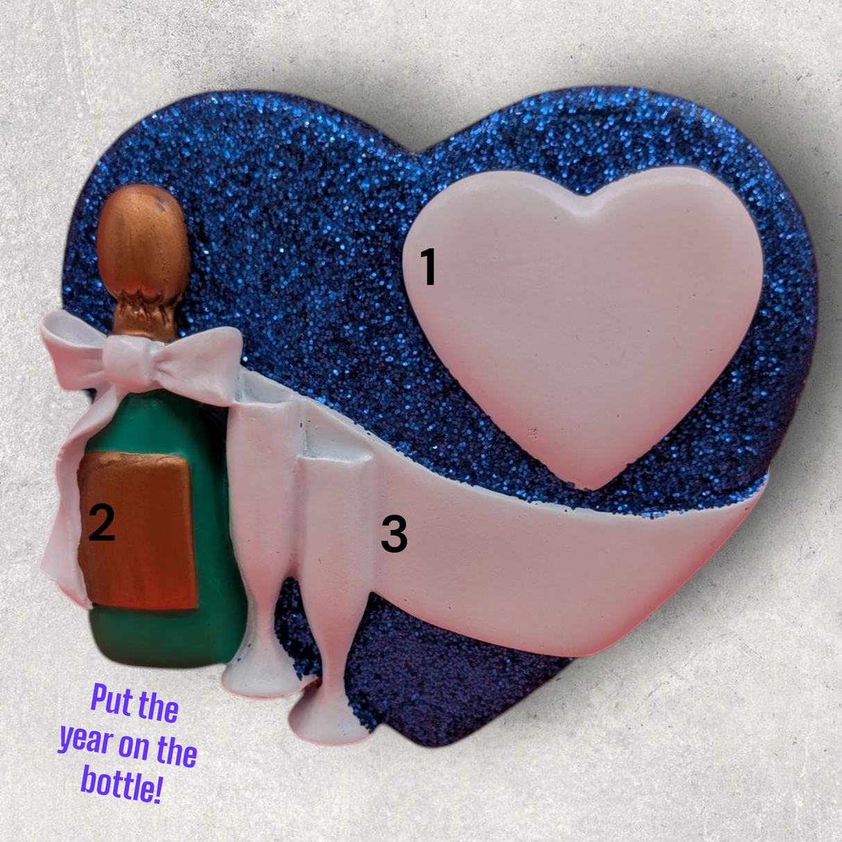 BLUE GLITTER HEART Ornament with WHITE HEART, BANNER & CHAMPAGNE