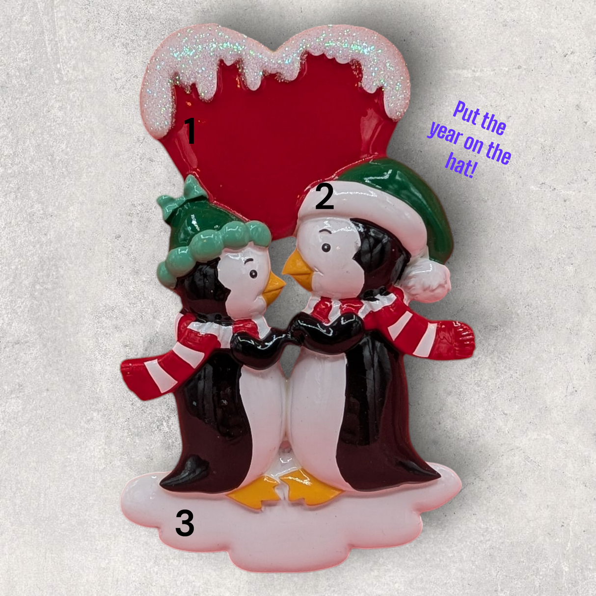 2 KISSING PENGUINS with LG RED HEART Ornament