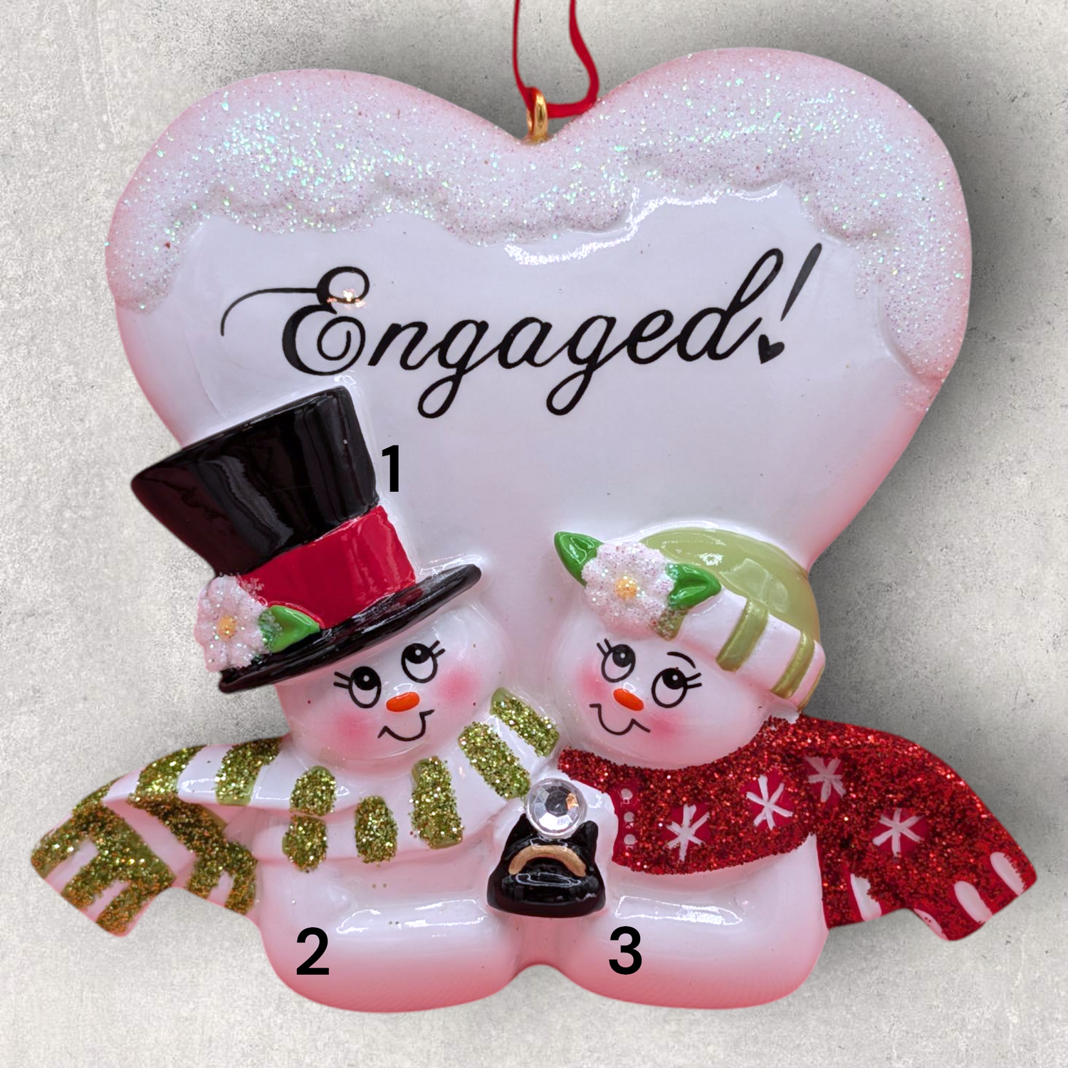 ENGAGED! - SNOW COUPLE - WHITE HEART Ornament
