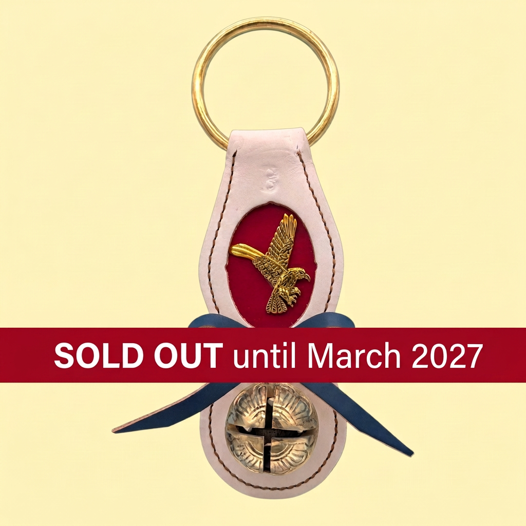 Eagle charm Belsnickel bell doorhanger with straight red SOLD OUT until March 2027 banner