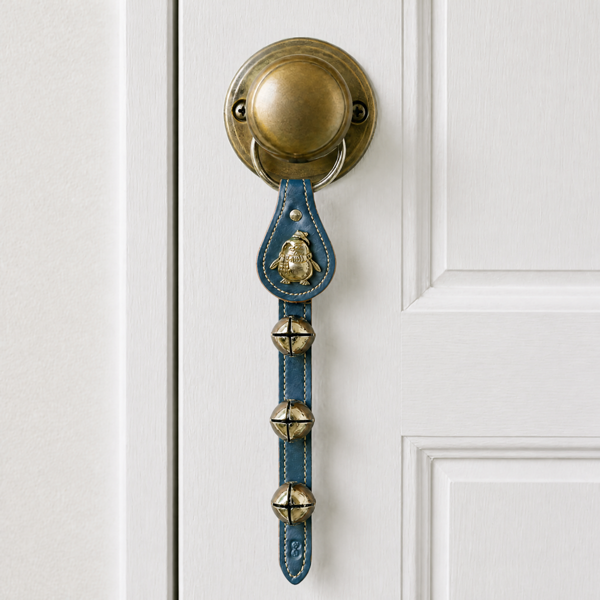PENGUIN CHARM DOORBELL - Chubby Penguin above 3 Bells on Leather Strap
