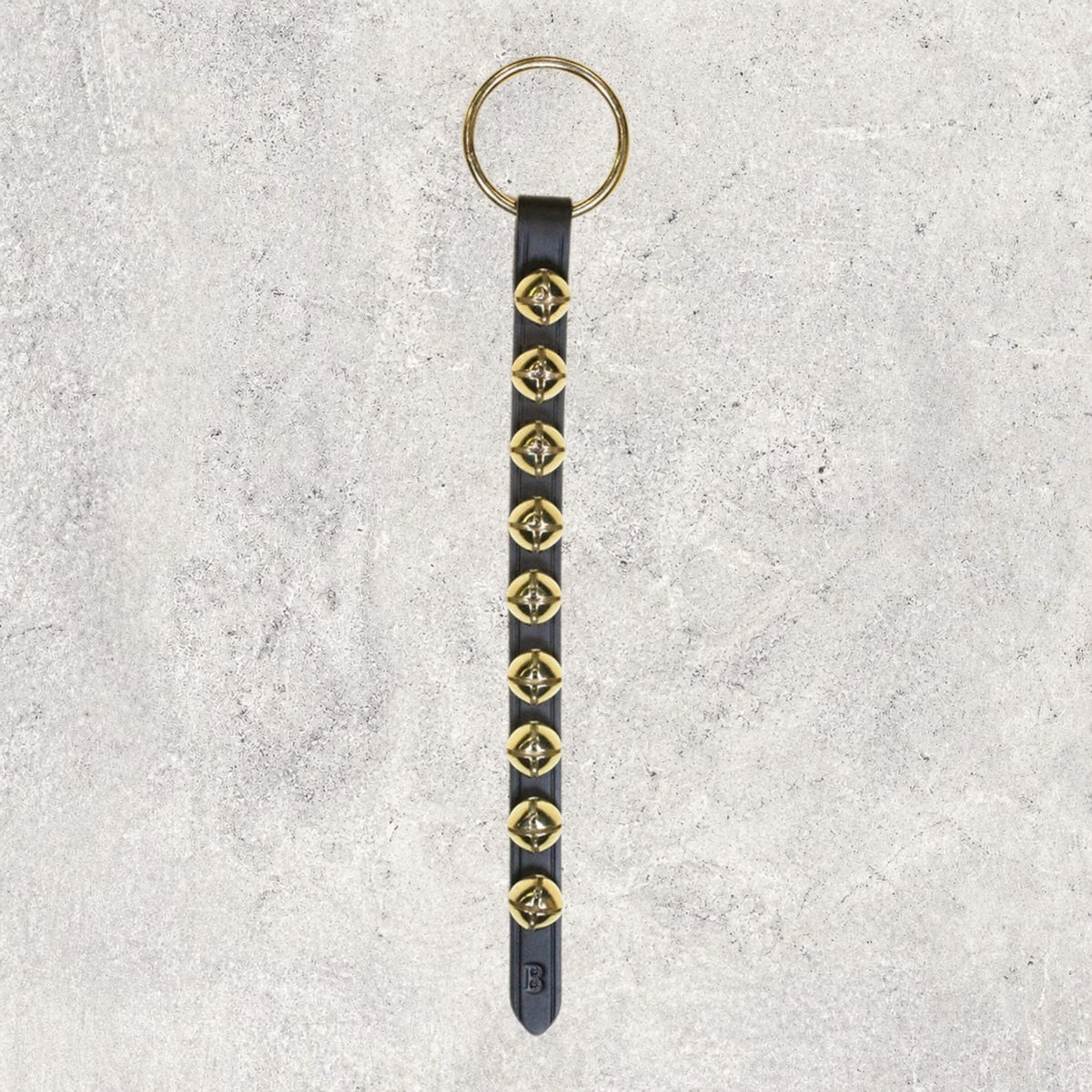 9 Small Brass-Plated Bells on Narrow 16 inch Strap - Lg Ring Top
