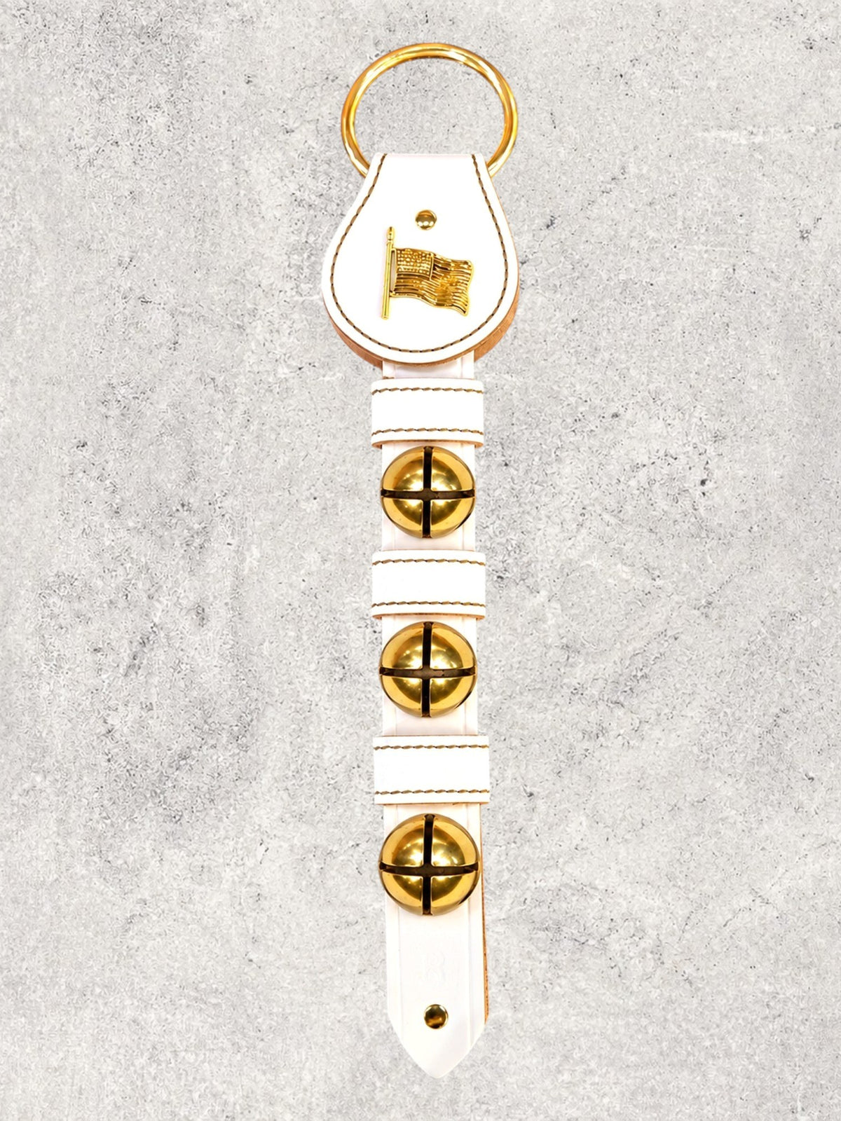 Flag Charm above 3 Solid Brass Colonial-Style Bells on Leather Strap