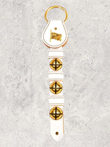 Flag Charm above 3 Solid Brass Colonial-Style Bells on Leather Strap
