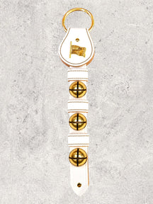 Flag Charm above 3 Solid Brass Colonial-Style Bells on Leather Strap