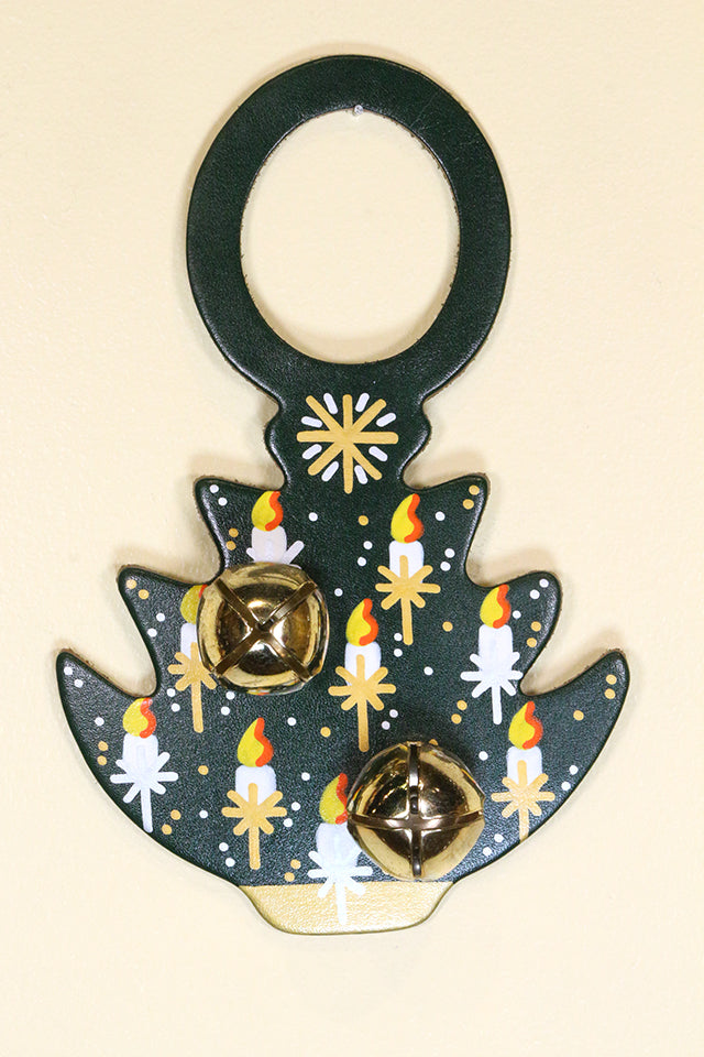 TREE - Hand-Painted LEATHER CHRISTMAS TREE with CANDLES Doorknob Bell