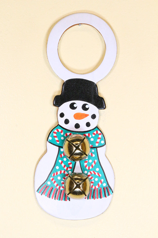 SNOWMAN with CANDY CANE SCARF - Hand-Painted Leather Doorknob Bell