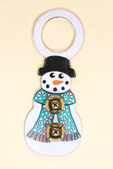 SNOWMAN with CANDY CANE SCARF - Hand-Painted Leather Doorknob Bell
