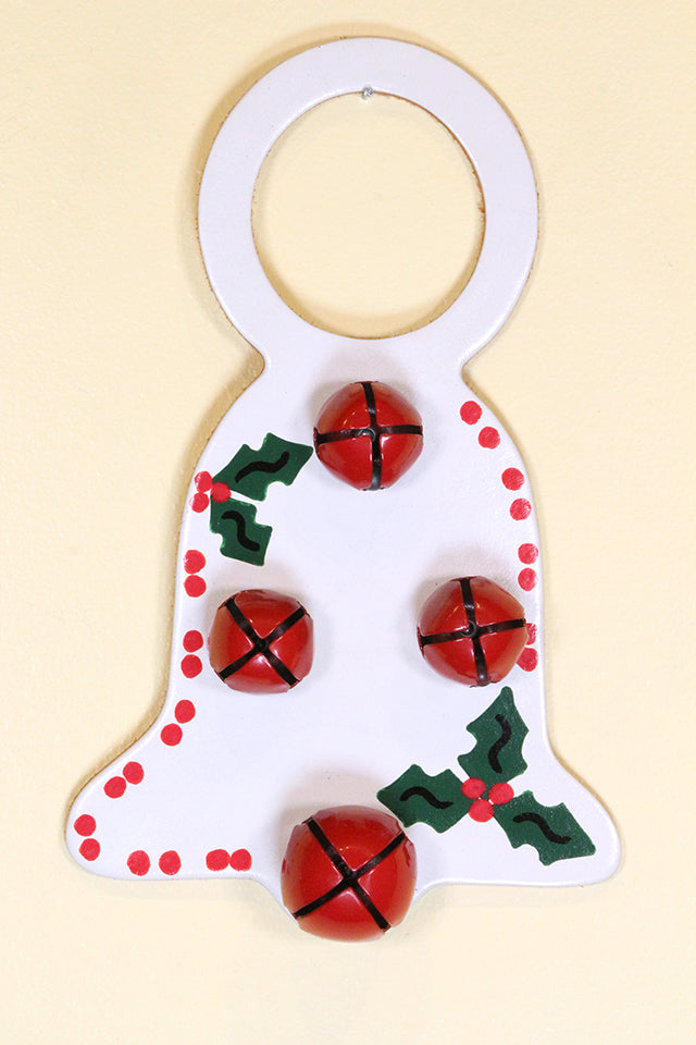 CHRISTMAS BELL with RED BELLS & HOLLY - Hand-Painted Leather Doorknob Bell