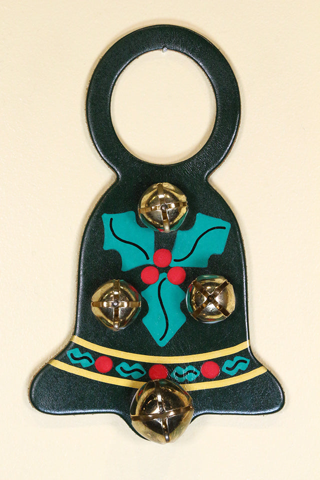 CHRISTMAS BELL - DK GREEN with HOLLY - Hand-Painted Leather Doorknob Bell