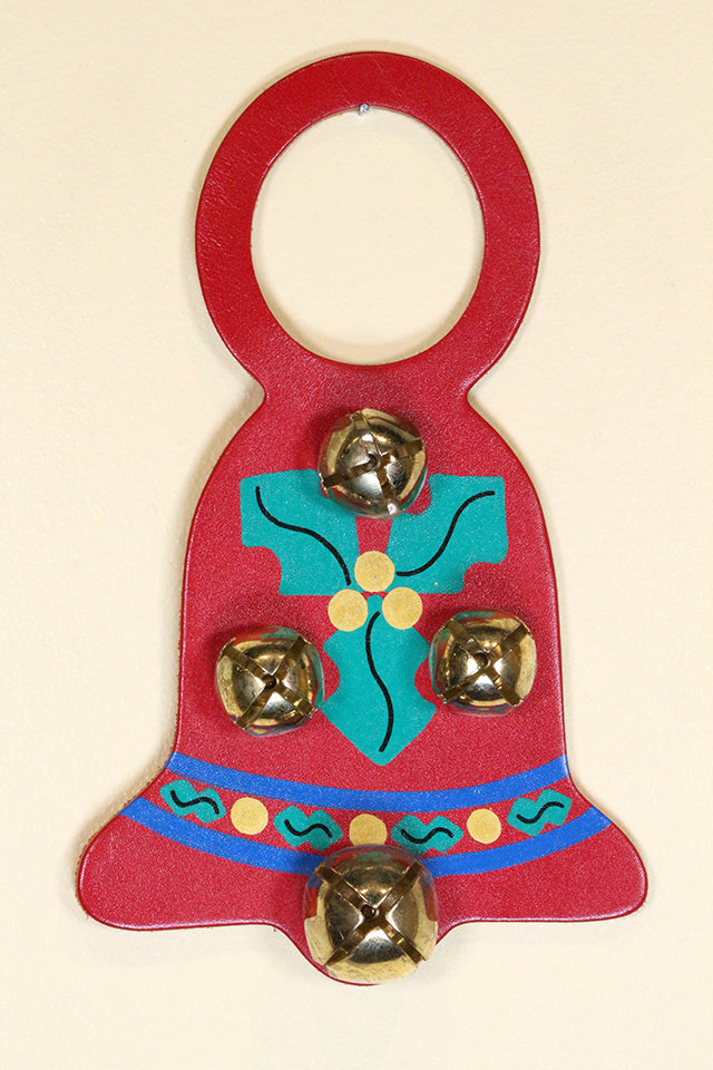 CHRISTMAS BELL - RED with HOLLY - Hand-Painted Leather Doorknob Bell
