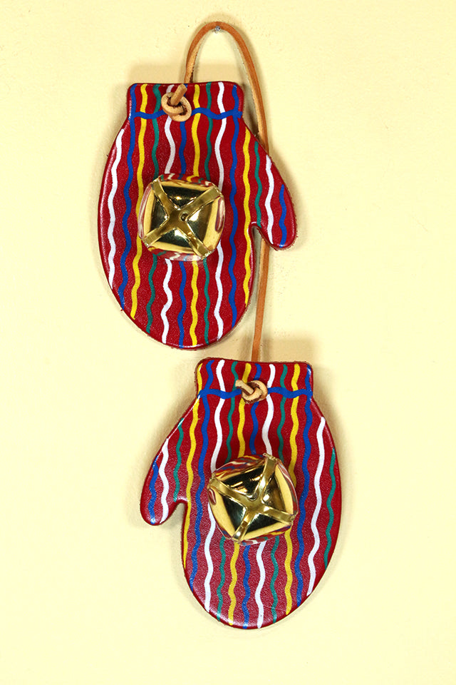 MITTENS - RED STRIPED - Hand-Painted Leather Doorknob Bell
