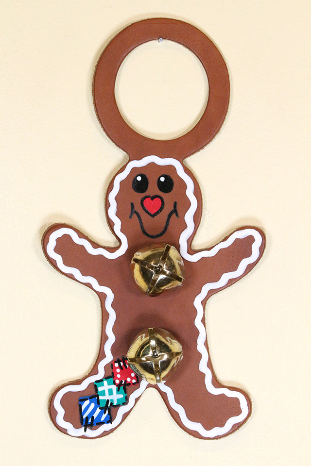 GINGERBREAD with PATCHES  - Hand-Painted Leather Doorknob Bell