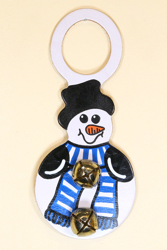 SNOWMAN  (ROUND) with BLUE SCARF - Hand-Painted Leather Doorknob Bell