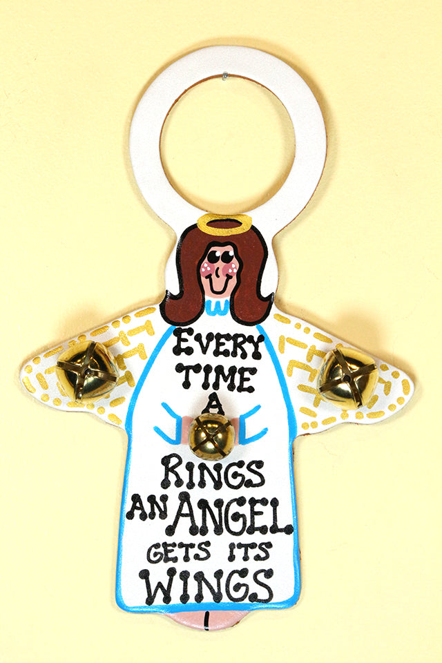 ANGEL - Hand-Painted Leather Doorknob Bell - BROWN HAIR and WRITING
