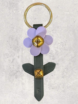 LEATHER FLOWER DOOR HANGER - 1 Lavender-Periwinkle Bloom on Green Stem Strap with 2 Bells & Leaf Detail