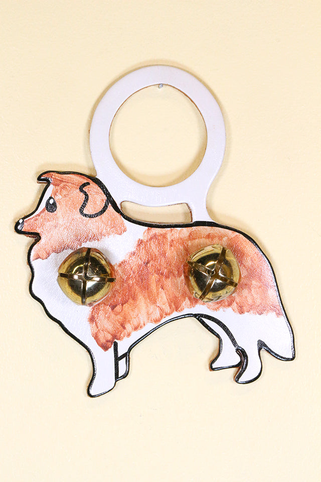 SHELTIE Hand-Painted LEATHER Doorknob Bell - TAN & WHITE